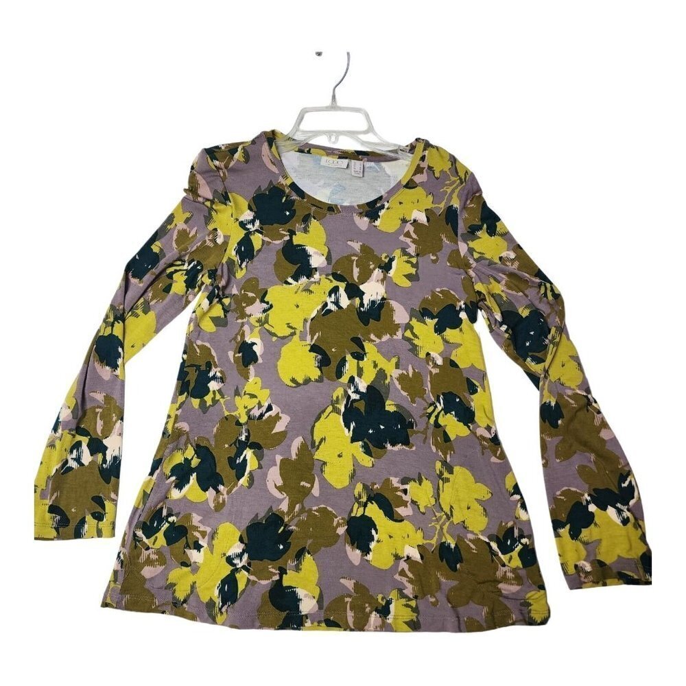 Lori Goldstein LOGO Top Women Small Green Floral Tunic Lagenlook Relaxed Casual